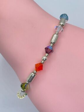 925 Sterling Silver Multicolor Crystal Bead Bracelet Rainbow Statement